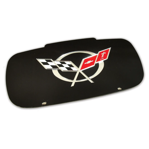 Corvette Front License Plate Filler – Black W/ Mirrored Flag Logo : 1997-2004 C5 & Z06