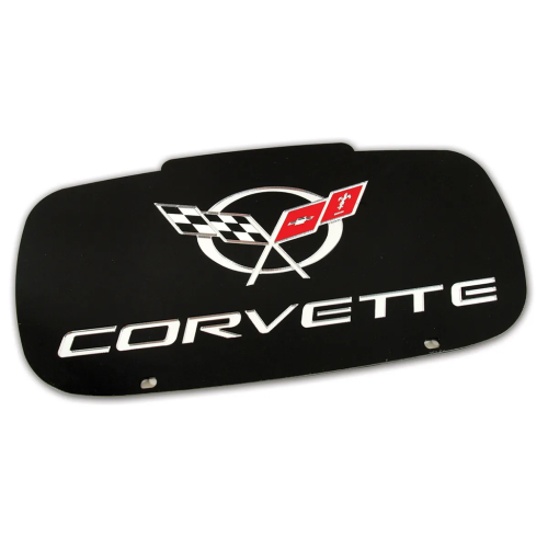 Corvette Front License Plate Filler – Black W/ Mirrored Flag Logo & Letters : 1997-2004 C5 & Z06
